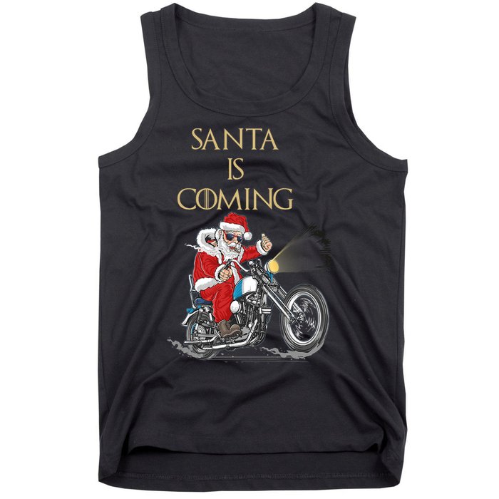 Santa Is Coming Cool Funny Santa Claus On Motorcycle Tank Top