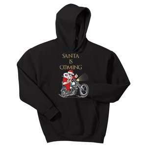 Santa Is Coming Cool Funny Santa Claus On Motorcycle Kids Hoodie