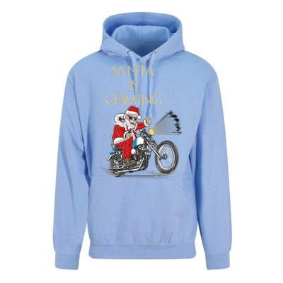 Santa Is Coming Cool Funny Santa Claus On Motorcycle Unisex Surf Hoodie