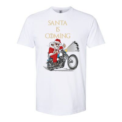 Santa Is Coming Cool Funny Santa Claus On Motorcycle Softstyle CVC T-Shirt