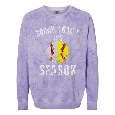 Sorry I CanT ItS Baseball And Softball Season Mom Of Both Colorblast Crewneck Sweatshirt