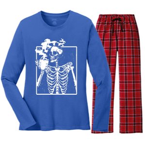 Skeleton Ing Coffee Front Design White Gift Women's Long Sleeve Flannel Pajama Set 