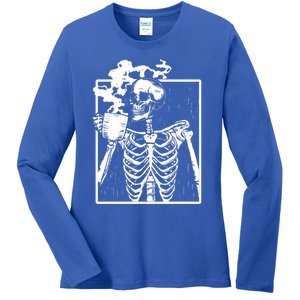 Skeleton Ing Coffee Front Design White Gift Ladies Long Sleeve Shirt