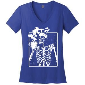 Skeleton Ing Coffee Front Design White Gift Women's V-Neck T-Shirt