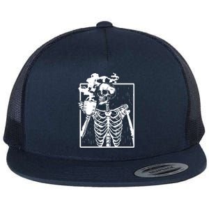 Skeleton Ing Coffee Front Design White Gift Flat Bill Trucker Hat