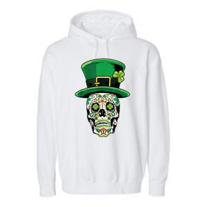 Sugar Irish Clover Skull St Patricks Day Garment-Dyed Fleece Hoodie