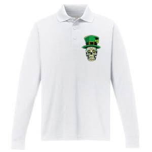 Sugar Irish Clover Skull St Patricks Day Performance Long Sleeve Polo