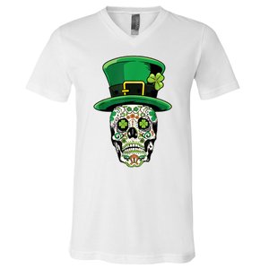 Sugar Irish Clover Skull St Patricks Day V-Neck T-Shirt