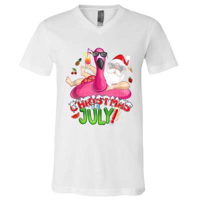 Summer In Christmas Santa Flamingo V-Neck T-Shirt