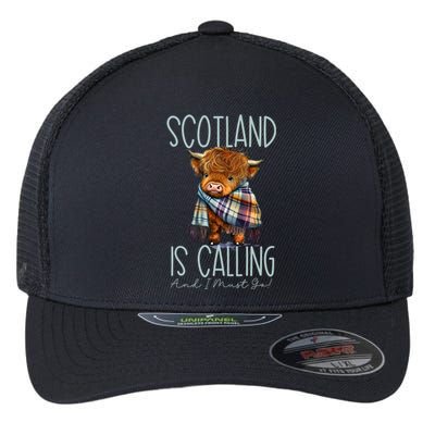 Scotland Is Calling And I Must Go Highland Cow Flexfit Unipanel Trucker Cap