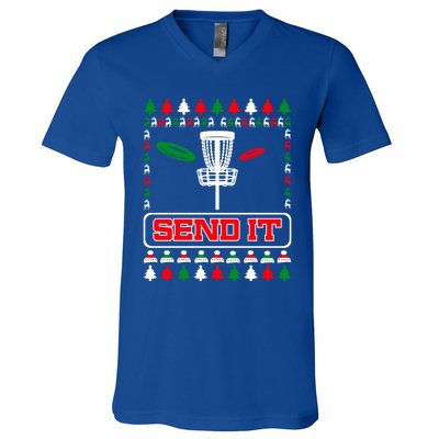 Send It Christmas Disc Golf Xmas Frisbee Golf Basket Chainz Funny Gift V-Neck T-Shirt