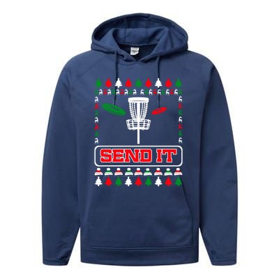 Send It Christmas Disc Golf Xmas Frisbee Golf Basket Chainz Funny Gift Performance Fleece Hoodie