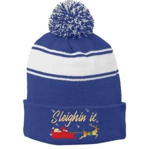 Sleighin It Christmas Sleighing Gift Stripe Pom Pom Beanie