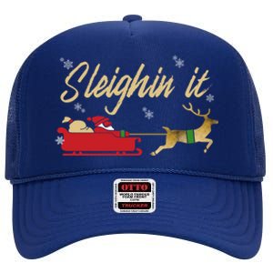 Sleighin It Christmas Sleighing Gift High Crown Mesh Back Trucker Hat