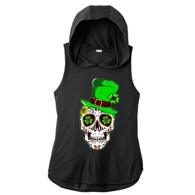 Sugar Irish Clover Skull St Patricks Day Ladies PosiCharge Tri-Blend Wicking Draft Hoodie Tank