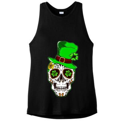 Sugar Irish Clover Skull St Patricks Day Ladies PosiCharge Tri-Blend Wicking Tank