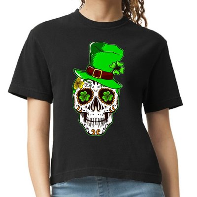 Sugar Irish Clover Skull St Patricks Day Comfort Colors Boxy T-Shirt