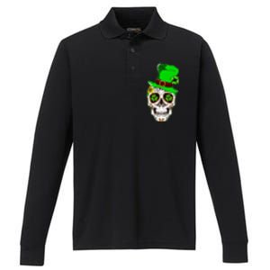 Sugar Irish Clover Skull St Patricks Day Performance Long Sleeve Polo