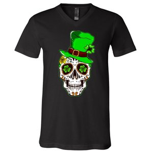 Sugar Irish Clover Skull St Patricks Day V-Neck T-Shirt