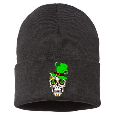 Sugar Irish Clover Skull St Patricks Day Sustainable Knit Beanie