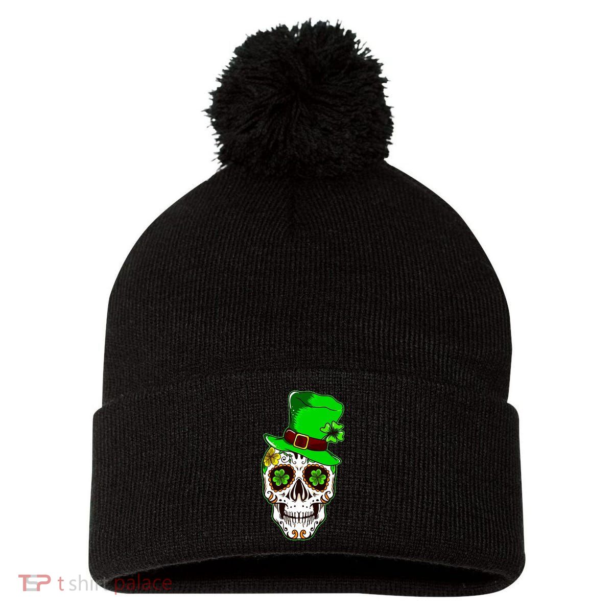 Sugar Irish Clover Skull St Patricks Day Pom Pom 12in Knit Beanie