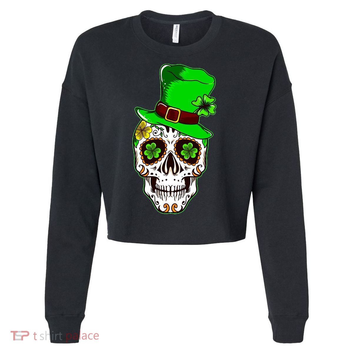 Sugar Irish Clover Skull St Patricks Day Cropped Pullover Crew