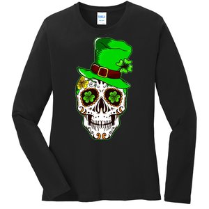 Sugar Irish Clover Skull St Patricks Day Ladies Long Sleeve Shirt