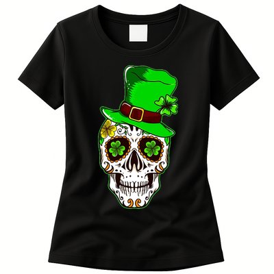 Sugar Irish Clover Skull St Patricks Day Womens T-Shirt