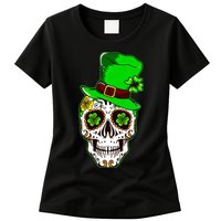 Sugar Irish Clover Skull St Patricks Day Womens T-Shirt