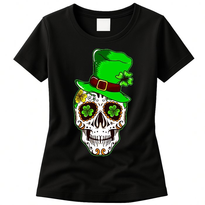 Sugar Irish Clover Skull St Patricks Day Womens T-Shirt