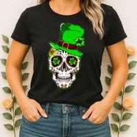 Sugar Irish Clover Skull St Patricks Day Womens T-Shirt