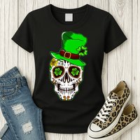 Sugar Irish Clover Skull St Patricks Day Womens T-Shirt