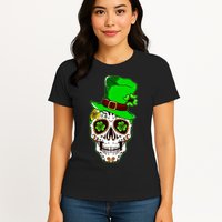 Sugar Irish Clover Skull St Patricks Day Womens T-Shirt