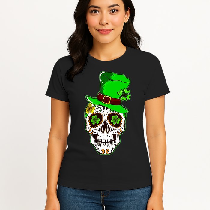 Sugar Irish Clover Skull St Patricks Day Womens T-Shirt