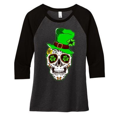 Sugar Irish Clover Skull St Patricks Day Women's Tri-Blend 3/4-Sleeve Raglan Shirt