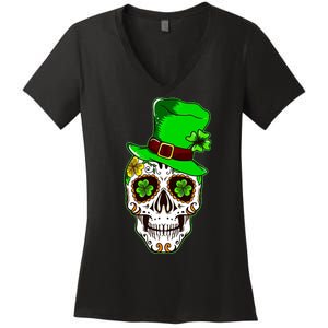 Sugar Irish Clover Skull St Patricks Day Women's V-Neck T-Shirt