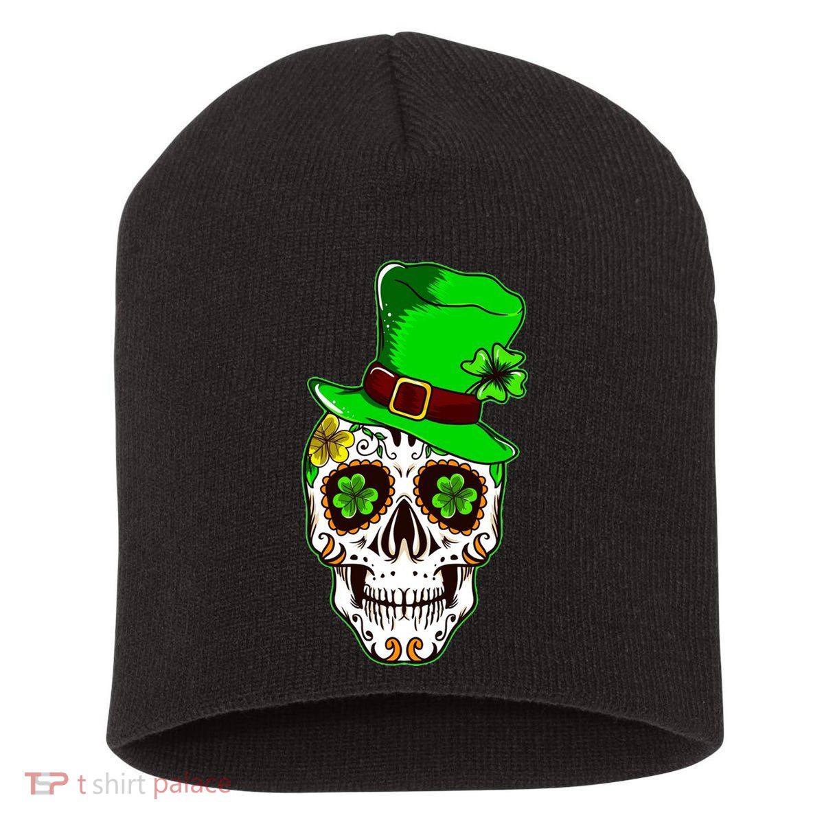 Sugar Irish Clover Skull St Patricks Day Short Acrylic Beanie
