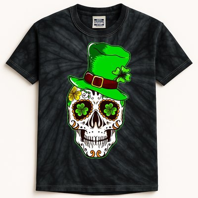 Sugar Irish Clover Skull St Patricks Day Kids Tie-Dye T-Shirt