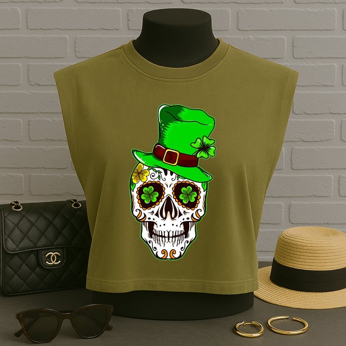 Sugar Irish Clover Skull St Patricks Day Garment-Dyed Women's Muscle Tee