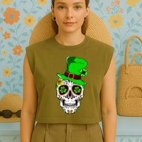 Sugar Irish Clover Skull St Patricks Day Garment-Dyed Women's Muscle Tee