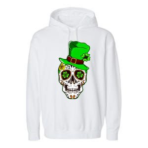 Sugar Irish Clover Skull St Patricks Day Garment-Dyed Fleece Hoodie