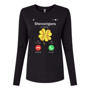 Shenanigans Is Calling St Patricks Day Baseball Shamrock Gift Womens Cotton Relaxed Long Sleeve T-Shirt