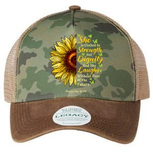 She Is Clothed Strength Dignity Laughs Bible Verse Sunflower Legacy Tie Dye Trucker Hat