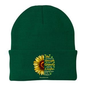 She Is Clothed Strength Dignity Laughs Bible Verse Sunflower Knit Cap Winter Beanie