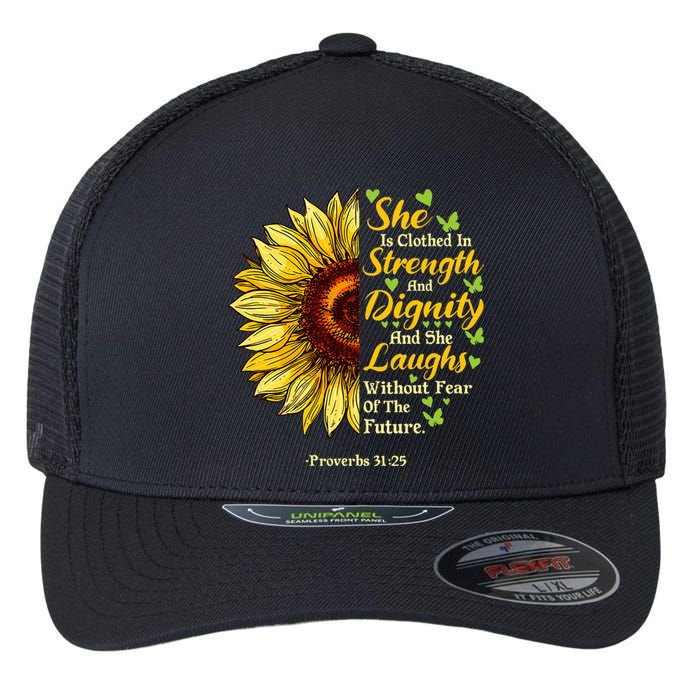 She Is Clothed Strength Dignity Laughs Bible Verse Sunflower Flexfit Unipanel Trucker Cap