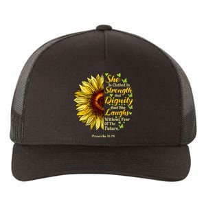 She Is Clothed Strength Dignity Laughs Bible Verse Sunflower Yupoong Adult 5-Panel Trucker Hat