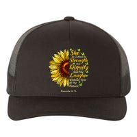 She Is Clothed Strength Dignity Laughs Bible Verse Sunflower Yupoong Adult 5-Panel Trucker Hat