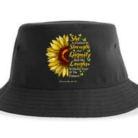 She Is Clothed Strength Dignity Laughs Bible Verse Sunflower Sustainable Bucket Hat