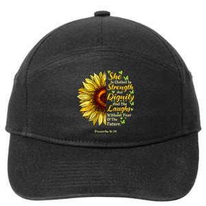 She Is Clothed Strength Dignity Laughs Bible Verse Sunflower 7-Panel Snapback Hat