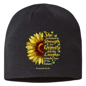 She Is Clothed Strength Dignity Laughs Bible Verse Sunflower Sustainable Beanie